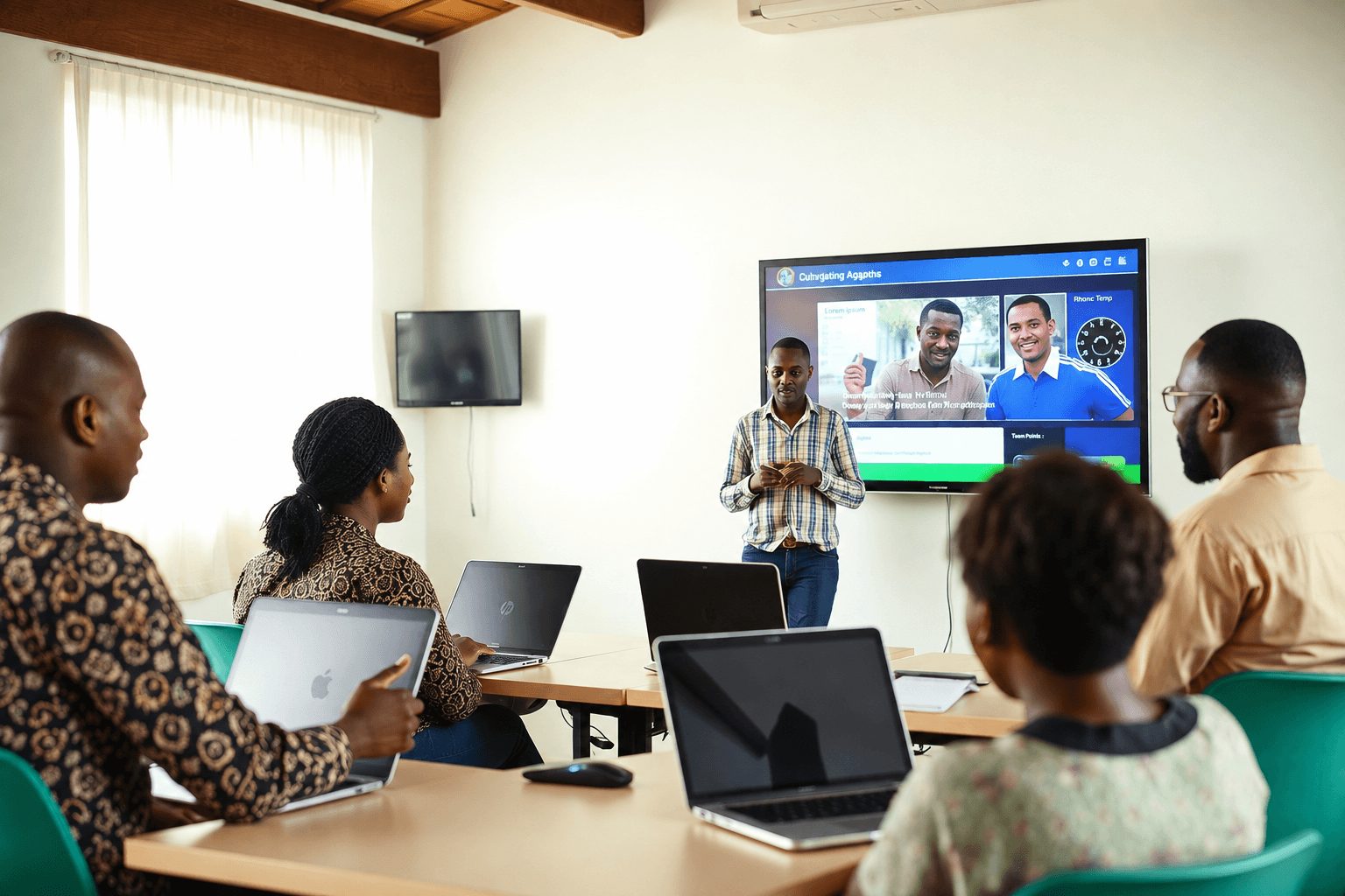 Digital skills trainer presenting Google Business Profile tips to Nigerian SME owners working on laptops in a training room