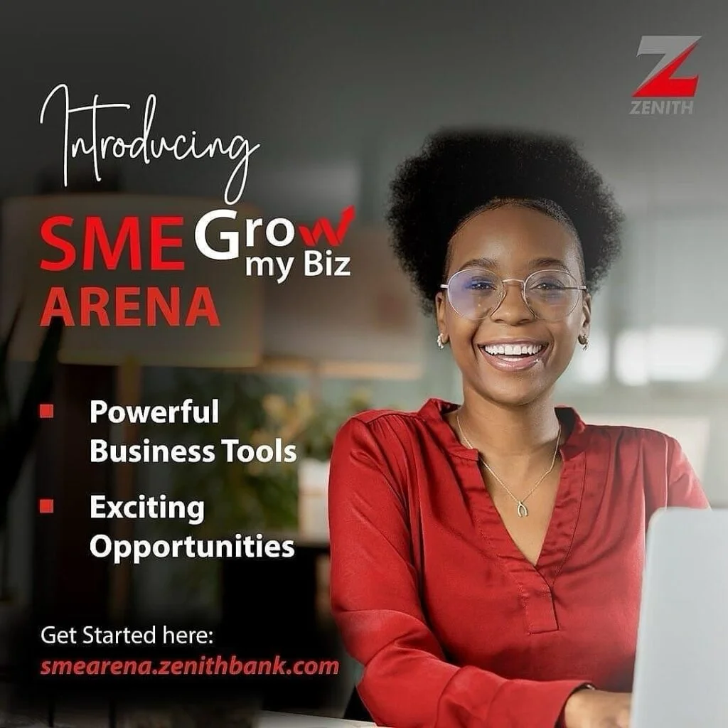 Zenith Bank SME Arena \u201cGrow my Biz\u201d campaign artwork featuring a smiling business owner